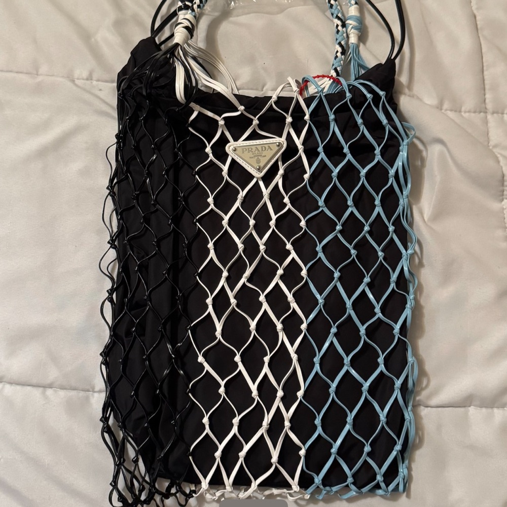 Prada Black, White, and Blue Net Bag